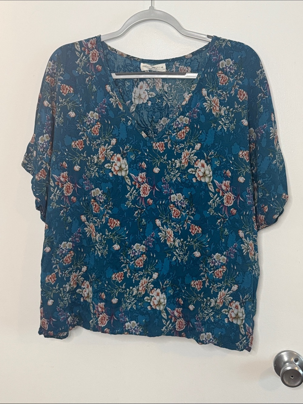 NATURAL LIFE Teal Floral V-Neck Dolman Blouse medium